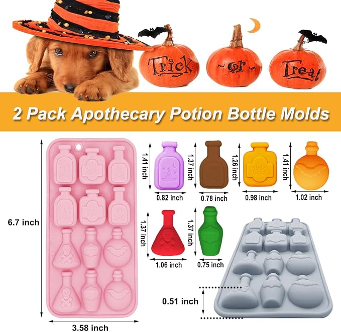 2 Pack 3D Apothecary Potion Bottle Silicone Molds 12 Cavity Halloween Themed Baking Mould Tray DIY Baking Tool for Chocolate Cake Dessert Candy Mousse Pastry Handmade Soap Crayons Cupcake Topper - Image 2