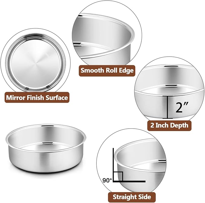 P&P CHEF 6 Inch Round Cake Pan Set of 3, Stainless Steel Baking Cake Pans | Round Baking Cake Pan Bakeware for Layer Birthday Cake, Fit Oven/Pots/Pressure Cooker, Leakproof & Dishwasher Safe, Silver - Image 3