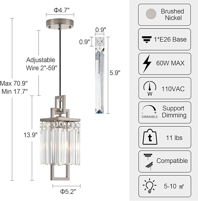 Modern Brushed Nickel Pendant Light Fixture for Kitchen Island and Dining Room, Industrial Small Hanging Crystal Chandelier Light Fixture for Bedroom Entryway Living room Foyer Hallway 3-Pack - Image 3