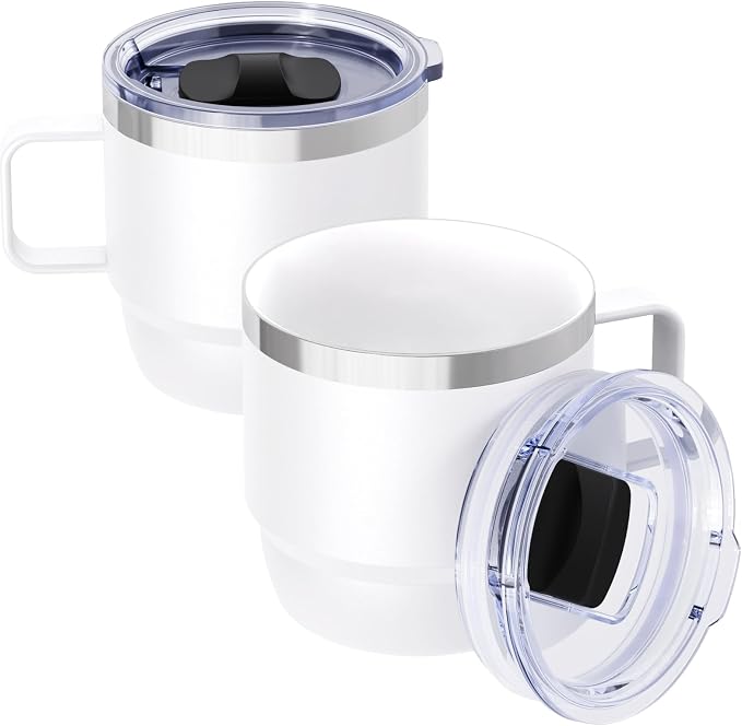 8 oz Small Coffee Mug with Magnetic Sliding Lid & Handle | Ceramic-Lined 18/8 Stainless Steel, Double-Wall Vacuum Insulated, Stackable, Dishwasher Safe, Mini Coffee/Tea Cup, 2 Pack by Cafezi