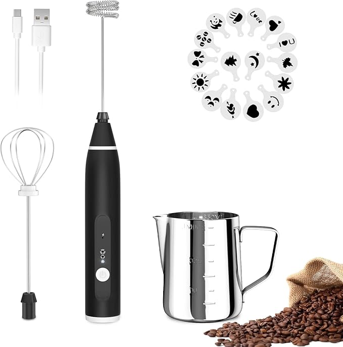 FITNATE Rechargeable Electric Foam Maker Drink Mixer 3 Speeds with 2 Stainless Steel Whisks, Frother for Coffee, Hot Chocolate, Latte, Cappuccino, Includes Frother Cup