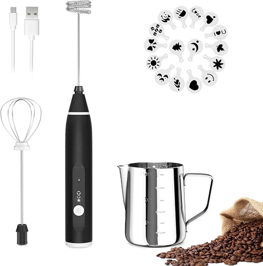 FITNATE Rechargeable Electric Foam Maker Drink Mixer 3 Speeds with 2 Stainless Steel Whisks, Frother for Coffee, Hot Chocolate, Latte, Cappuccino, Includes Frother Cup