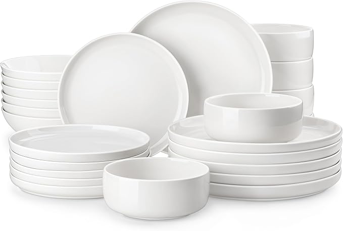 MALACASA 24 Pcs Porcelain Plates and Bowls Sets,Dinnerware Set for 6,White | Modern Ceramic Dishware,Kitchen Dining Ware,Microwave and Dishwasher Safe,Simple Solid White Design,Series LUNA by MALACASA