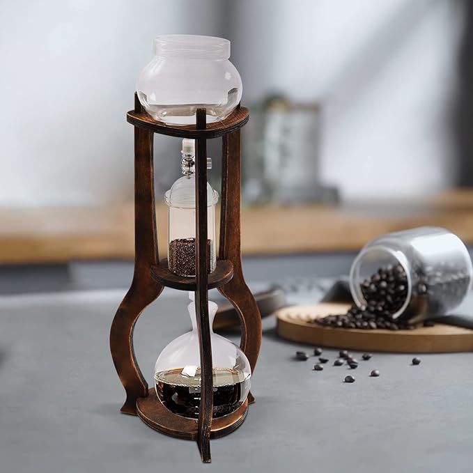 Cold Brew Coffee Maker & Iced Coffee Drip Tower, 600ml Wooden Slow Drip Coffee Maker for 6-8 Cups, Cold Brew Iced Tea Maker Machine for Home Office Use