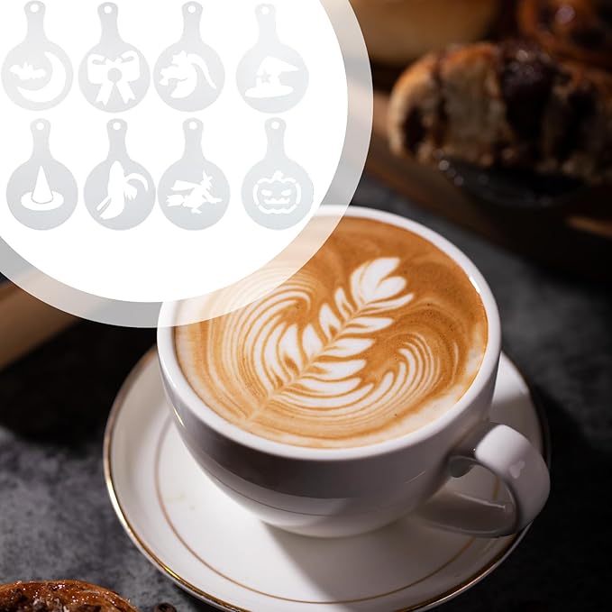 Coffee Stencils - Latte Art Printer, 8 Piece Halloween Design Kit, Reusable Decoration Template, Creative Baking Mold | Tool for Bread, Cake, Cappuccino, Dessert Art, Restaurant or Home