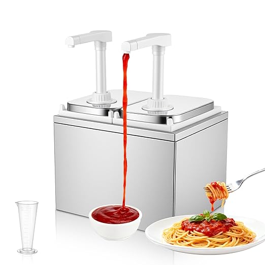 2.11 Quart Stainless Steel Sauce Pump Dispenser,Condiment Pump Station Detachable Leak-Proof Design for Sauce Honey Syrup Dressing,Commercial & Home Kitchen Use (2 Heads, 2L)