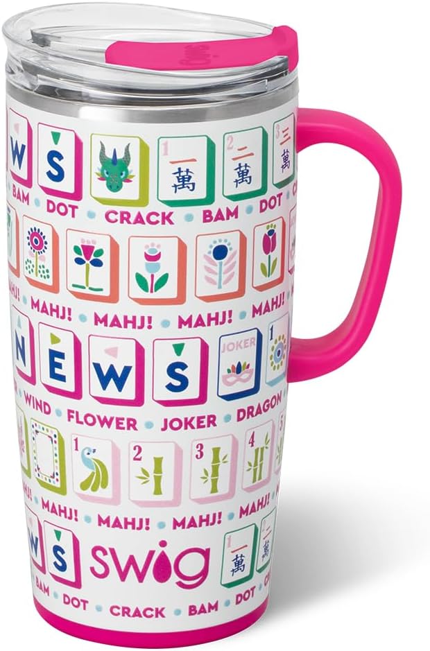 Swig Life 22oz Insulated Travel Mug with Handle & Lid, Mahjong | Triple Insulated Stainless Steel - Handle & Lid Included - Keeps Coffee Hot or Cold - Cup Holder Friendly by SwigLife