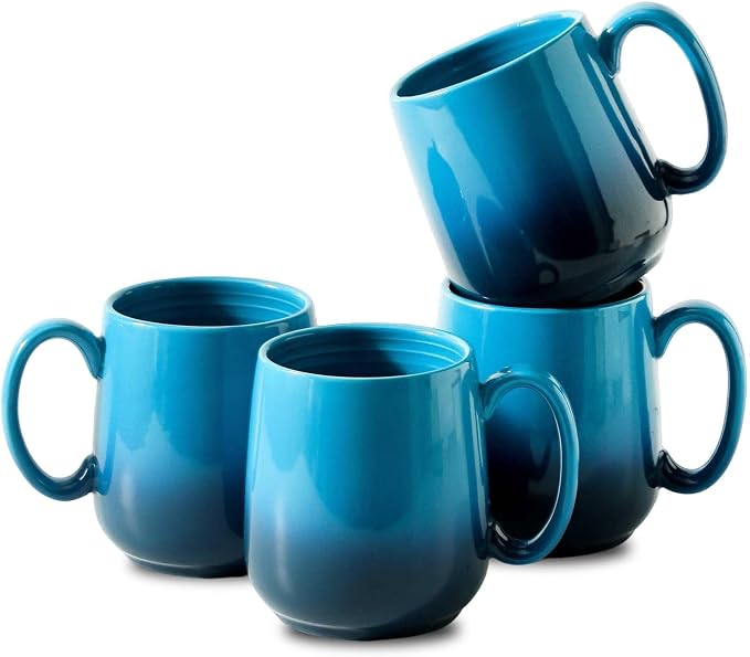 HASENSE 15oz Large Ceramic Mug Set, 4-Piece Blue Ombre Coffee Cups with Handle – Microwave & Dishwasher Safe for Cappuccino Latte Tea, Housewarming Present by Hasense