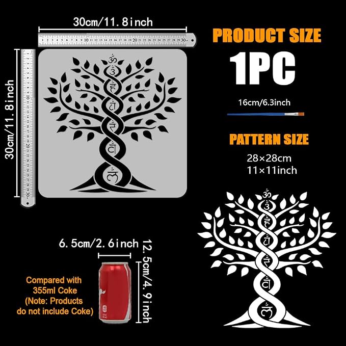 FINGERINSPIRE Tree of Life Stencil with a Paint Brush 11.8x11.8Inch Reusable Chakras Stencil PET Chakras Tree Decoration Template Plant Theme Template for Painting on Wood Wall Floor Furniture - Image 2