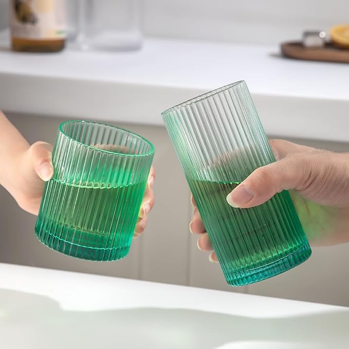 Ribbed Drinking Glasses 8pcs, 12oz and 10oz Glassware, Tumbler Glasses Cup Set for Wedding, Party, Christmas Gift, Green - Image 4