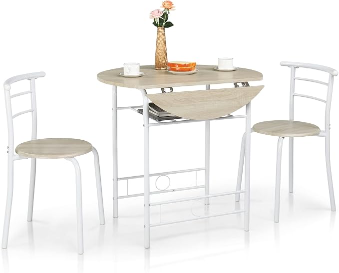 VINGLI 31.5" Drop Leaf Dining Table Set for 2, 3 Pieces Dining Table with Chair for Small Space, Small Kitchen Extendable Folding Dining Table for Dining Room，Home, Apartment, Saving Places, White Oak by VINGLI