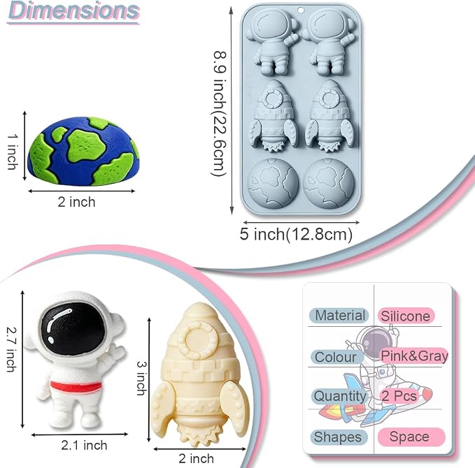 2 Pack Space Themed Silicone Cake Molds 6 Cavity 3D Astronaut Rocket Earth Mould Tray DIY Baking Decorating Tools for Chocolate Candy Cupcake Topper Mousse Dessert Gummy Handmade Soap Clay - Image 2