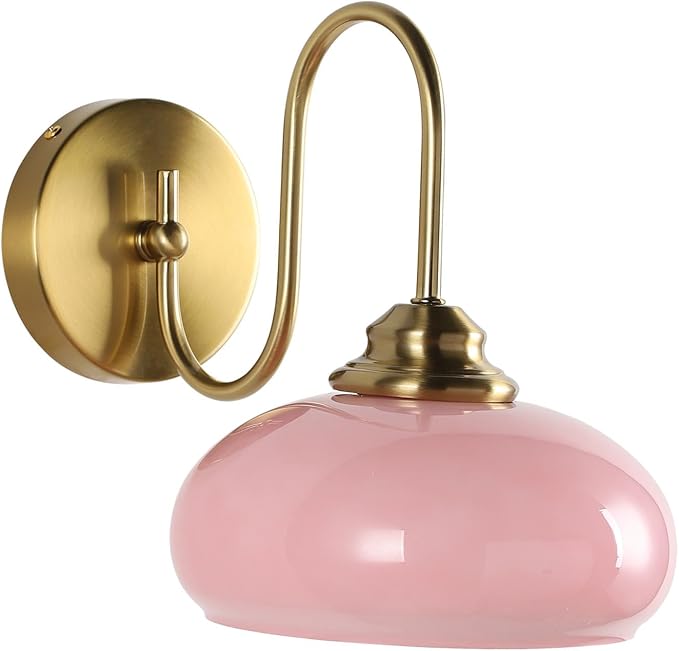 Modern Wall Light Elegant Pink Glass Wall Sconce for Bedroom Gold Semi-Flush Mount Wall Lamp Hardwired for Cafe, Dining Room, Hallway, Indoor Use by BOKT