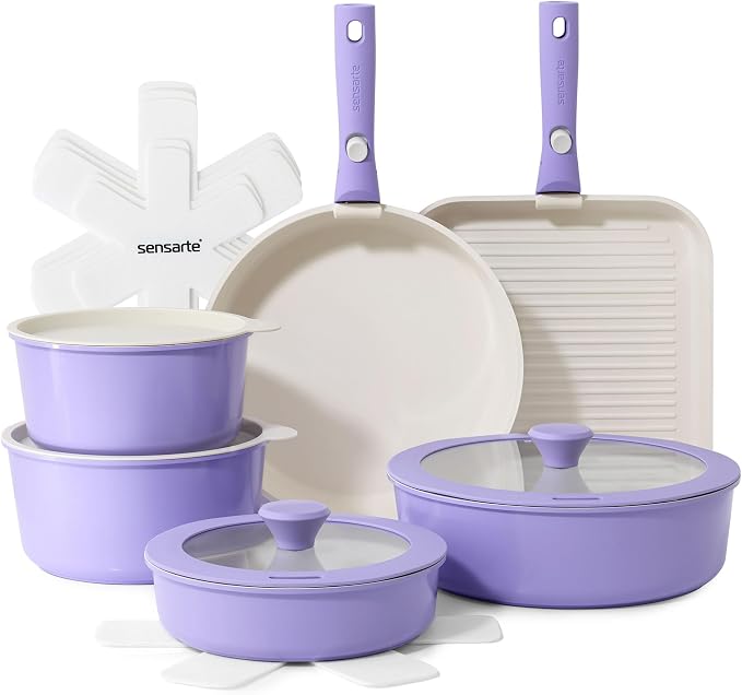 SENSARTE 17 Piece Ceramic Detachable Handle Pots and Pans Set Purple | Ceramic Cookware Set, Induction Cookware Set with Removable Handle, Healthy Non Stick for RV, Dishwasher ＆ Oven Safe by SENSARTE