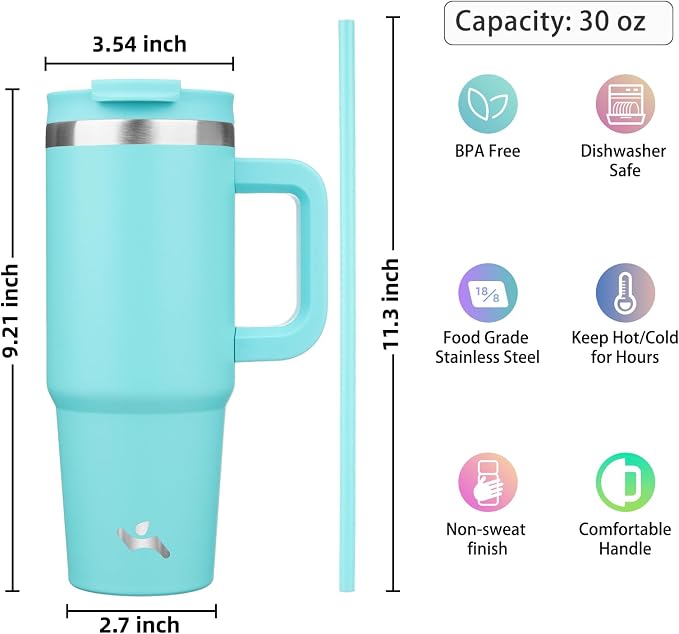 Konokyo 30 oz Insulated Tumbler Water Bottle with Handle, Straw Lid | BPA-free and dishwasher safe; made for gym, travel, coffee and gifting, 2 straws, cup holder friendly,Turquoise - Image 4