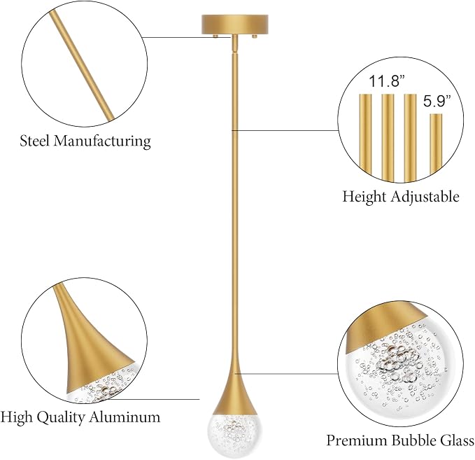 Gold LED Pendant Light for Kitchen Island, Bubble Crystal, 1-Light | Bubble Glass Shade, Modern, Height Adjustable, Ceiling Hanging Lighting for Kitchen Island Dining Room - Image 5