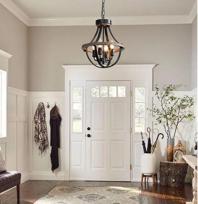 Chandeliers，Farmhouse Ceiling Chandelier Wood Black Modern Rustic Hanging Pendant Light Fixture with Chain for Dining Room Living Room Entryway Kitchen Island Bedroom Foyer Lighting（4-Light） - Image 3