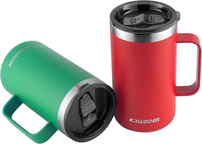 KXIAOCHEN 2-Pack 20 oz Insulated Coffee Mugs, Coffee Cups with Wide Handles | 18/8 stainless steel, sliding lids, 6+ hours hot or 12+ hours cold, wide mouth, no-sweat, for office, home, camping and gifts by KXIAOCHEN