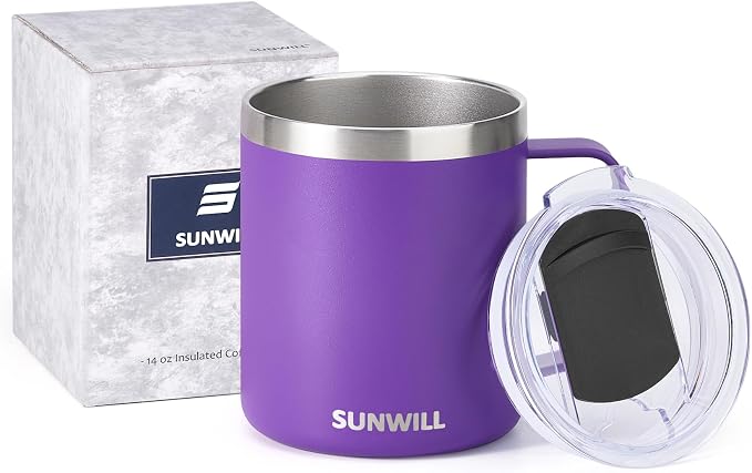 SUNWILL Insulated Coffee Mug with Lid, Travel Tumbler with Handle, 14 oz Stainless Steel Cup for Camping, Office, Home, Powder Coated Purple - Image 5