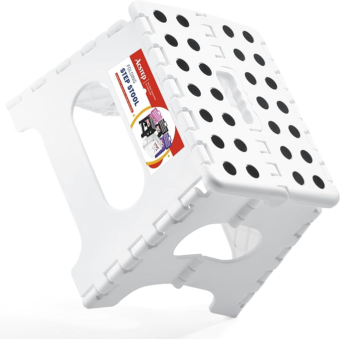 ACSTEP Collapsible Step Stool 7.5 Inch, Small Folding Stool, 176 lbs, White | Lightweight Foldable Step Stool for Kids and Adults with Handle, for Kitchen, Bathroom, Car, and Compact Home Storage by ACSTEP