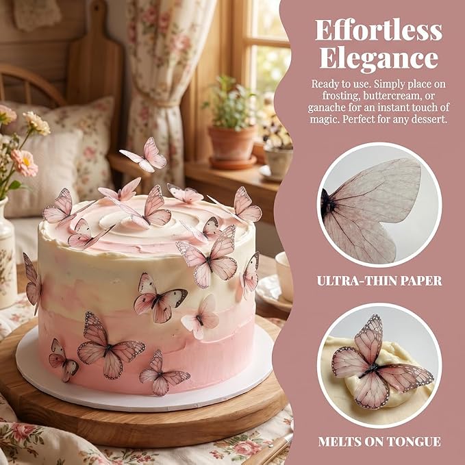 80-Piece Edible Wafer Paper Pink Butterfly Cake Decorations – Rice Paper Butterfly Toppers, Icing Decor for Birthday Cakes, Cupcakes, Cookies, and Desserts – Pastel Pink Theme - Image 2