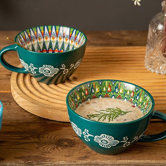 Bohemian Hand-Painted Ceramic Mug, 15 Oz Large Coffee Cup for Milk, Tea, and Breakfast, Dishwasher & Microwave Safe Artisan Cup, Green-J - Image 3