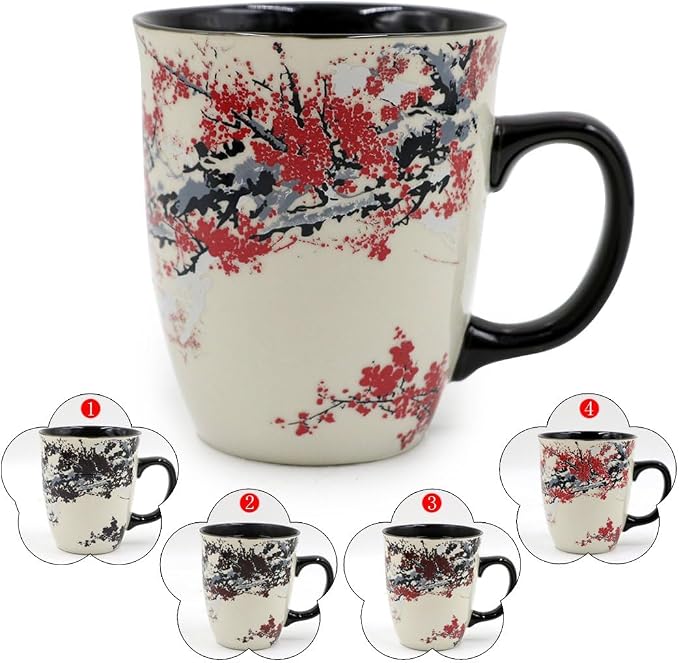 Color Changing Heat Sensitive Magic Funny Art Mug Large Coffee Tea Plum Blossom Porcelain Mugs for Women Mom grandma Gifts 16oz Black Change Glow Red Cups - Image 4