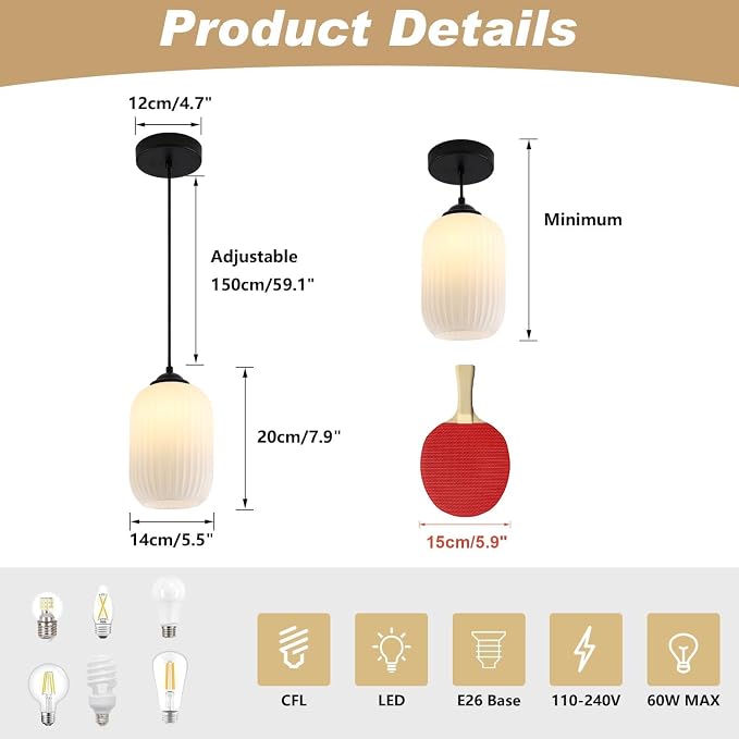 KCO Farmhouse Black Small 5.5” Ribbed Cylinder White Glass Pendant Light | Adjustable Cord E26 Hardwired Hanging Lamp Mid Century Modern Vintage Hanging Light for Kitchen Island Bedroom Dining Room - Image 2