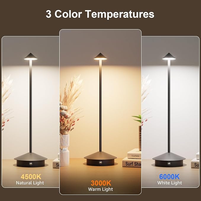 Cordless LED Table Lamps,Portable Battery Desk Lamp,2 Pack,Black | 6000mAh Rechargeable,3000K/4500K/6000K Touch Stepless Dimming,Aluminum IP54 Waterproof Wireless Lighting for Outdoor/Indoor - Image 2