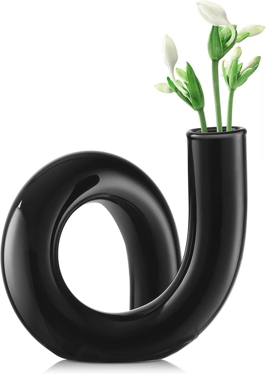 Joeyan Handmade Small Black Glass Flower Vase,Decorative Geometric Glass Bud Vase for Modern Home Centerpieces Living Room Office,4.72" Abstract Vase for Single Flower and Dry Flowers by JoeyanHousehold