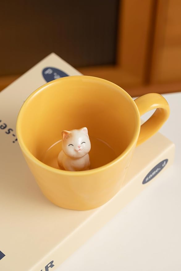 DIHOclub Cat Coffee Cup Hidden Ceramic Animal Inside Mug,Cute Cartoon Handmade Figurine Mugs,Holiday and Birthday Gift for Coffee Milk Tea Lovers,12 Oz(yellow) - Image 3