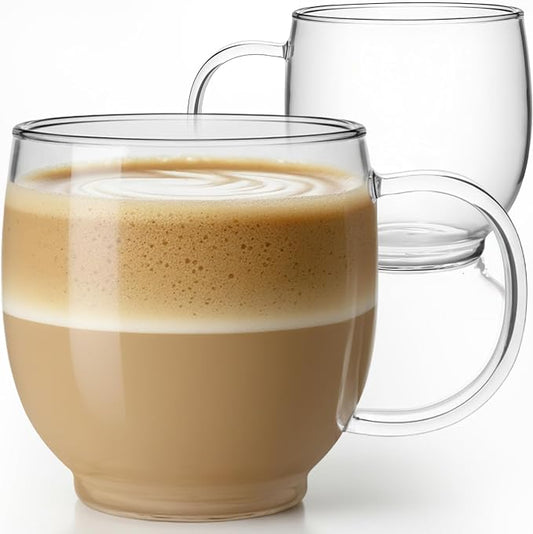 Aquach 20oz Glass Coffee Mugs Set of 2, Clear Borosilicate Tea Cups | Dishwasher/Microwave Safe, Single-walled, Smooth Rim, Handle Comfort, Large Capacity Fits Hot/Cold Brews by Aquach