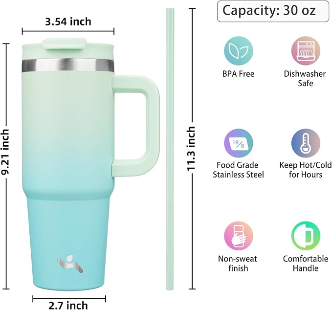 Konokyo 30 oz Insulated Tumbler Water Bottle with Handle, Straw Lid | BPA-free and dishwasher safe; made for gym, travel, coffee and gifting, 2 straws, cup holder friendly,Mint - Image 4