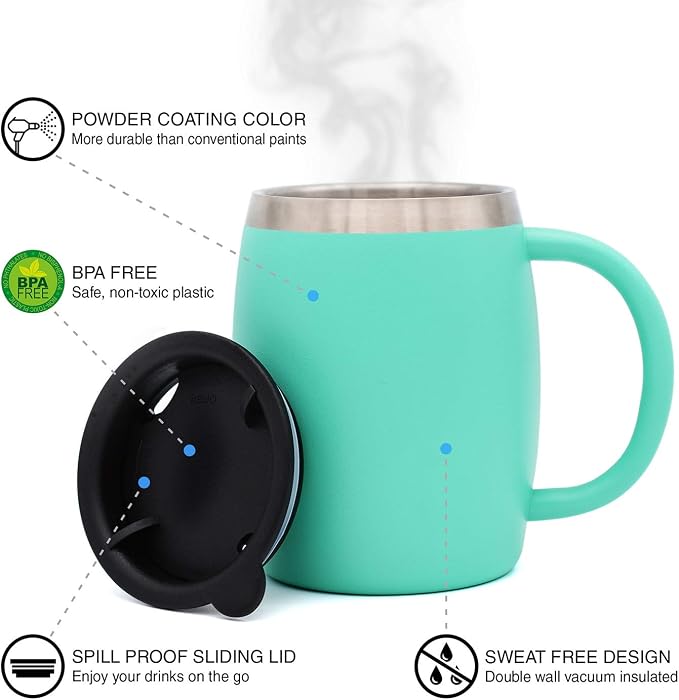 Stainless Steel Insulated Coffee Mugs Set of 2 (14oz) Double Wall Coffee Cups With Spill Resistant Lid & Handle – Shatterproof Cups for Cold & Hot Drinks for Indoor & Outdoor Use (Aqua Blue) - Image 2