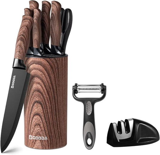 Knife Set,GOODA 9 Piece Kitchen Knife Set with Block and Sharpener, Anti-Rust Stainless Steel Cooking Knives Set for Kitchen, Chef Knife Block Set by GOODAMakesYouAGoodCook