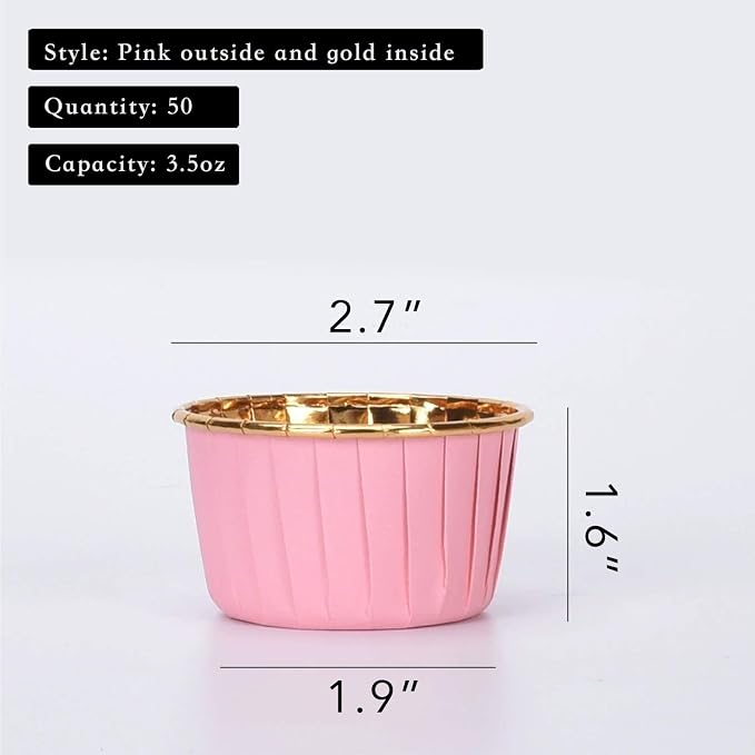 Party Hippo Cupcake Cups, 3.5 Oz 50 pcs Disposable Foil Muffin Liners, Gold Baking Cups, Ramekin Aluminum Cupcake Tip Pan Ramekin Holders, Little Baking Cups (50, Pink) - Image 2
