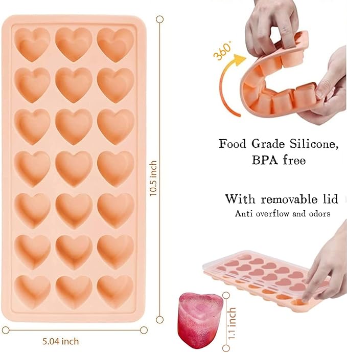 2 Pack Heart-Shaped Ice Cube Trays - 42 Holes Silicone Heart Ice Cube Tray with Lid, BPA Free and Dishwasher Safe, Mini Fun Shape Ice Cube Mold, Easy to Remove (Pink + Green)