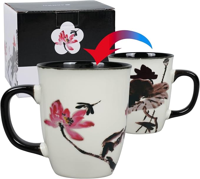 Funny Ceramic Magic Heat Color Changing Art Coffee Tea Mug Lotus Printing Porcelain Mugs for Women Personalized White Green Tea Cup 16 oz Large Coffee Mug for Mom Girl Grandma And Man - Image 4