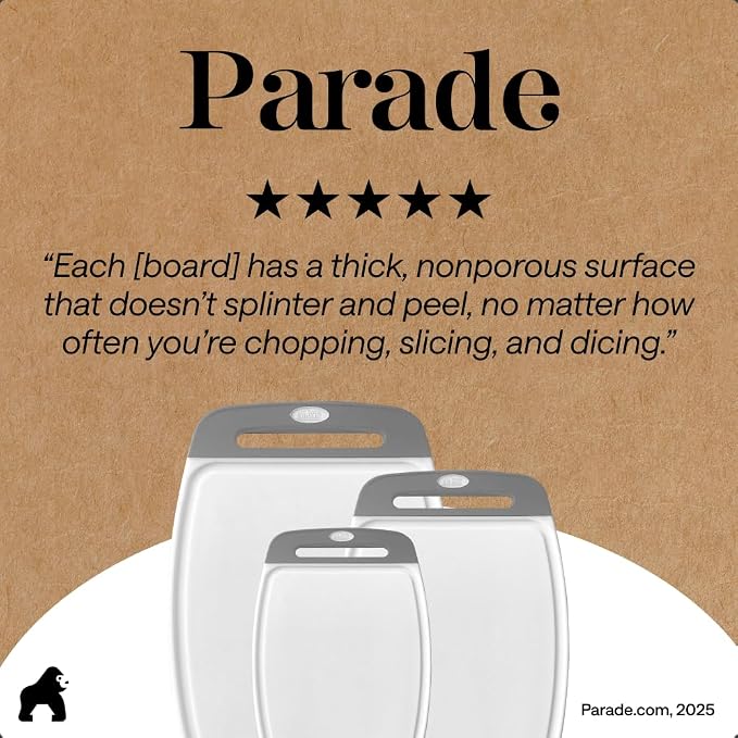 GORILLA GRIP BPA-Free Reversible Kitchen Cutting Board Set of 3, US Designed, Nonporous, Juice Grooves Catch Liquid, Slip Resistant Border, Dishwasher Safe, Durable Large Food Chopping Boards, Gray - Image 9