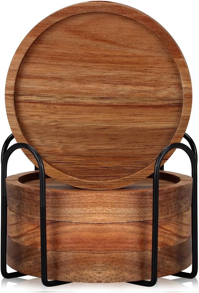 Wood Coasters Set of 4 Farmhouse Outdoor Coster for Drink Patio Table Decor | Cute Wooden Coaster with Holder Rustic Coffee Bar Accessories Kitchen and Dining Room Decoration Aesthetic Cool Cup Coasters - Image 2