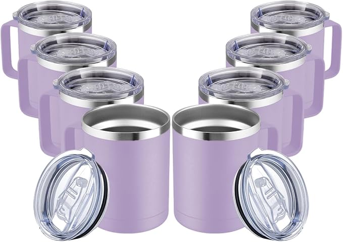 MEWAY 12oz Coffee Mug With Handle and Sliding Lid,Stainless Steel Travel Tumbler Cup with Handle,Double Wall Vacuum Insulated Camping Cup for Hot & Cold Drinks Tea (Lilac,Set of 8) by MEWAY