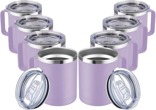 MEWAY 12oz Coffee Mug With Handle and Sliding Lid,Stainless Steel Travel Tumbler Cup with Handle,Double Wall Vacuum Insulated Camping Cup for Hot & Cold Drinks Tea (Lilac,Set of 8) by MEWAY