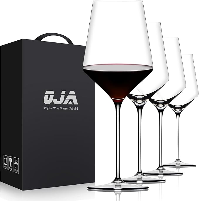 OJA Wine Glasses Set, Crystal Red Hand Blown Wine Glass, Set of 4, 17 oz | Long Stem, Thin Rim, Large, Tall, Premium, Perfect for Red or White, Daily Use, Unique Wedding Anniversary or Birthday Gift by oja