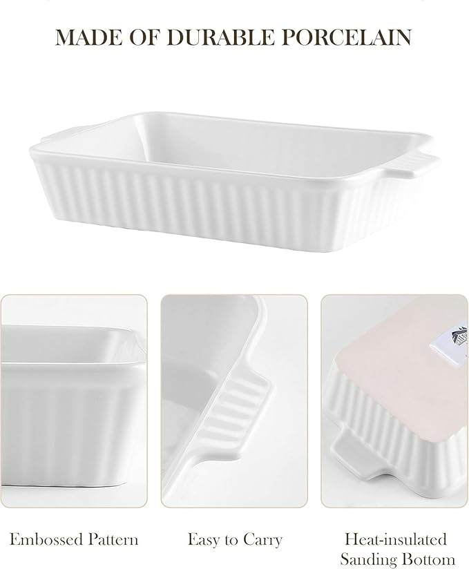 MALACASA Casserole Dishes for Oven, Ceramic Baking Dishes Set of 4, White | Rectangular Deep Lasagna Pans with Handles for Roasting Vegetable, Cake, Durable Bakeware, Wedding Gift(9.4/11.1/12.2/14.7") - Image 3