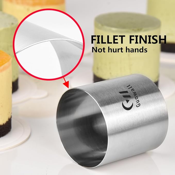 Guowall Cake Ring Mold 8 pack Mini Mousse Mould Seamless Stainless Steel Cake Cutter for Baking Small Size Round Food Pastry Mould - 2 inch