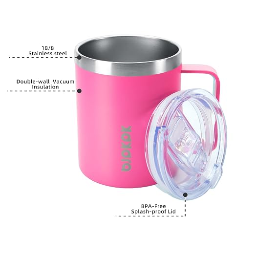BJPKPK 2 pcs Stainless Steel Insulated Coffee Mug, 14oz, Pink-14oz, Coffee Cup with Lid and Handle, Double Vacuum Insulation, BPA Free | Travel Coffee Mug with Handle, Vacuum Insulated Tumbler Cup for Camping, Office, Home, BPA Free Lid, Hot & Cold - Image 2
