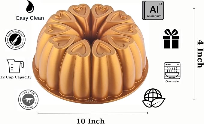 Heart Shape Aluminum Cake Pan, Titanium Coating, Non-Stick, 12 Cups, Heavy Duty, Gifts for Mom, Molded Cake Pan, 10 Inch Baking Mold, Cast Aluminum Fluted Tube Pan, Easy to Clean (Gold) - Image 2
