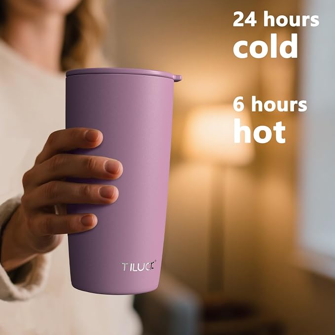 TILUCK 20 oz Insulated Coffee Tumbler with BPA-Free Lid | Travel Coffee Mug, Dishwasher Safe, Cup Holder Friendly, Double-Wall Vacuum Insulation for Hot & Cold Drinks, Matte Lilac - Image 3