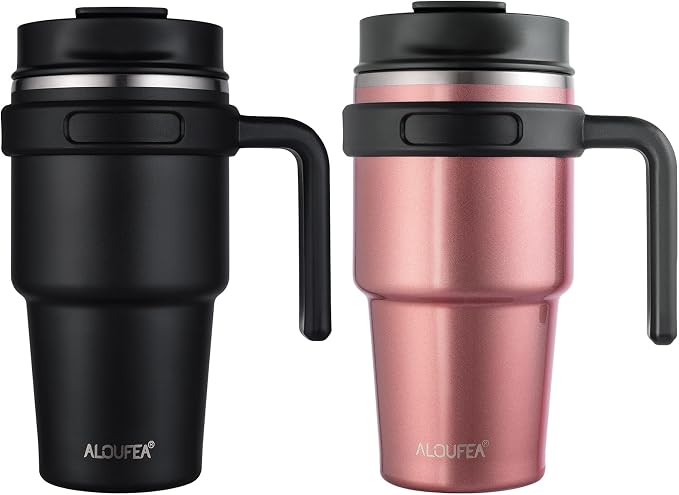 20 oz Insulated Travel Coffee Mug Tumbler with Handle and Straw | Leakproof Stainless Steel Coffee Cup with Lid, Double Wall Vacuum Ice Thermal Cup, Black and Rose Gold by ALOUFEA