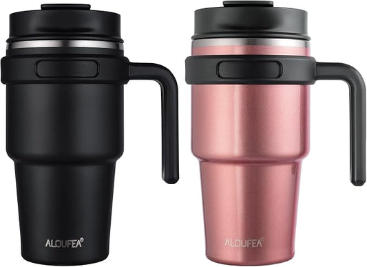 20 oz Insulated Travel Coffee Mug Tumbler with Handle and Straw | Leakproof Stainless Steel Coffee Cup with Lid, Double Wall Vacuum Ice Thermal Cup, Black and Rose Gold by ALOUFEA